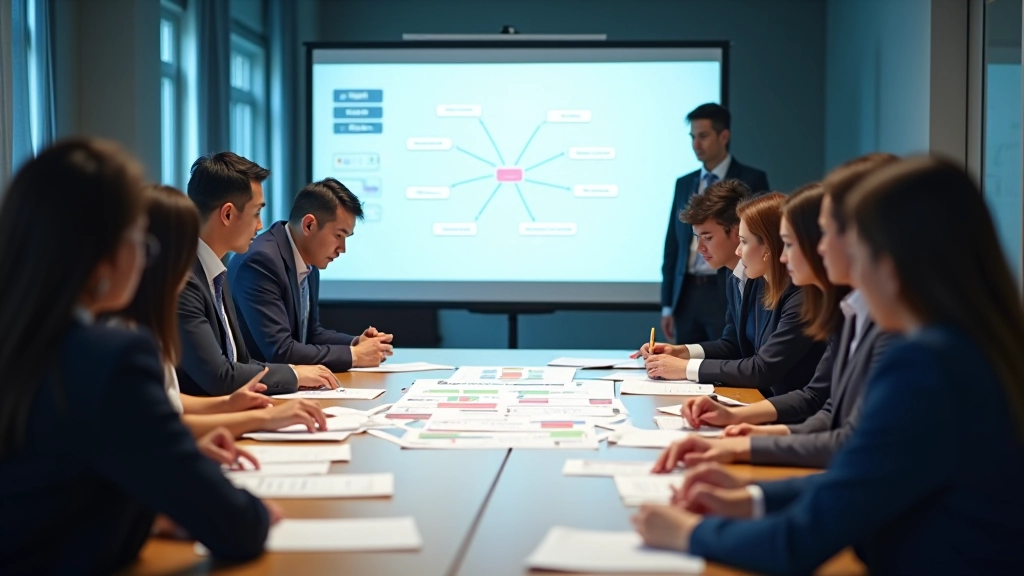 Corporate team collaborating on strategy with visual thinking tools and creative frameworks