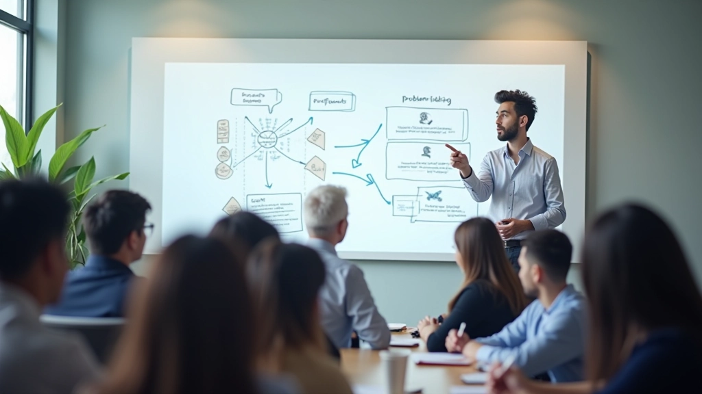 Workshop facilitator guiding participants through problem-solving exercise with visual frameworks