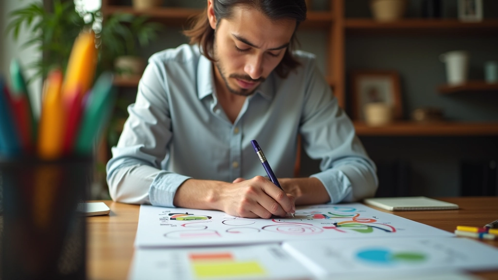 Professional working at desk with sketches and brainstorm notes visible on paper