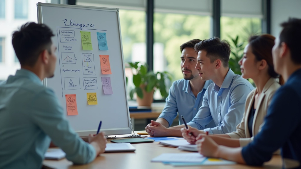 Team members collaborating on whiteboard with creative sketches and colorful markers