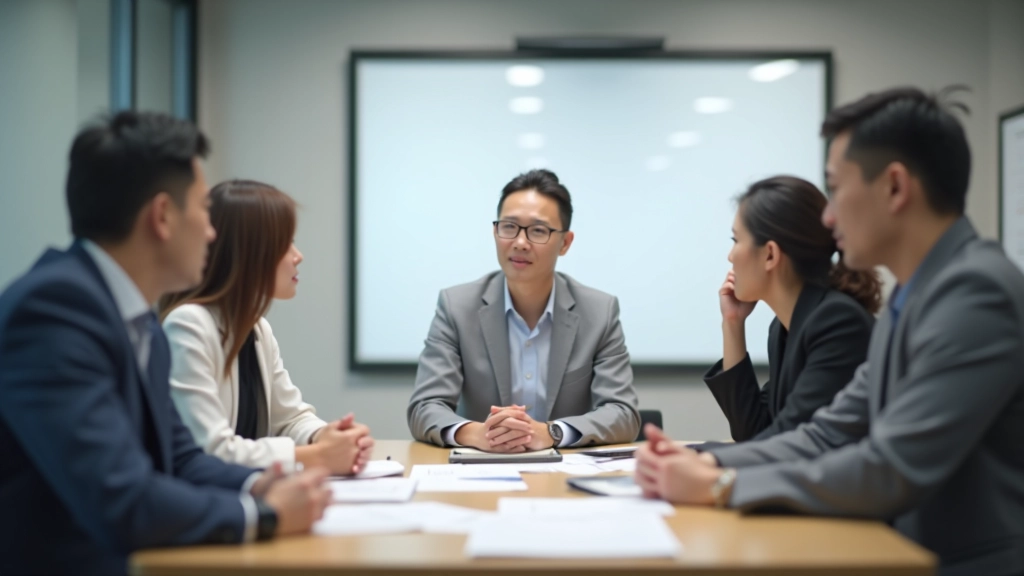 Team members sitting around table with problem statement written on whiteboard, brainstorming session in progress