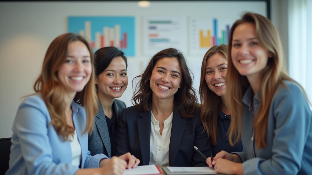 Team celebrating successful project completion with data charts showing improvement metrics