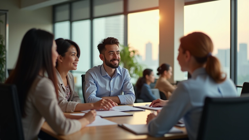 Team collaborating in modern office environment with diverse professionals engaged in discussion