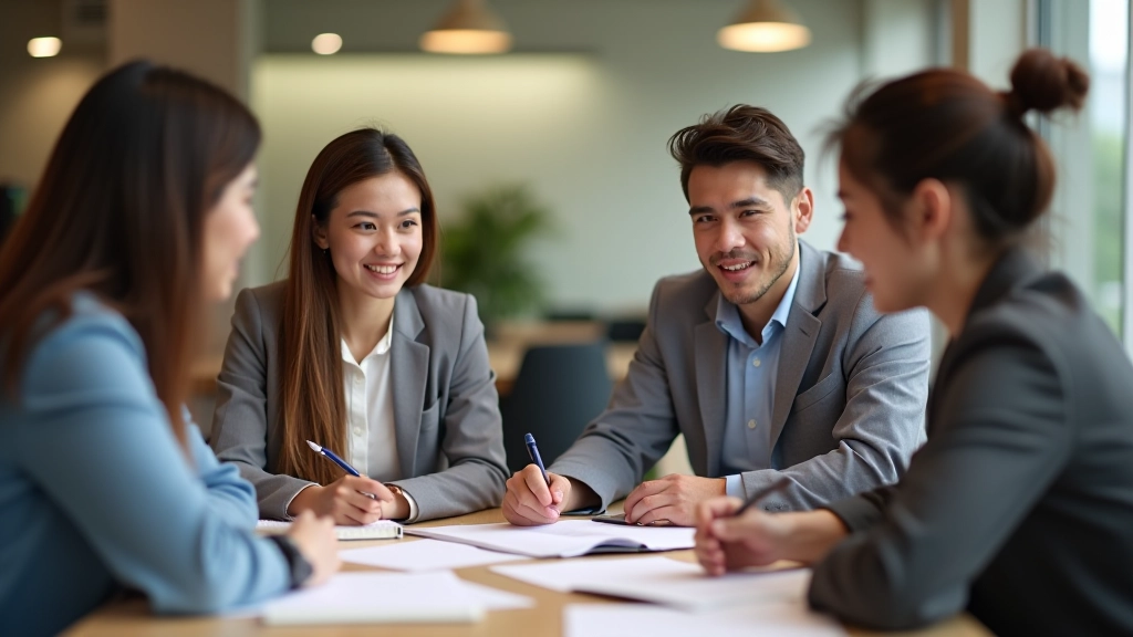 Team members sitting in circle discussing ideas with notes visible on table surface