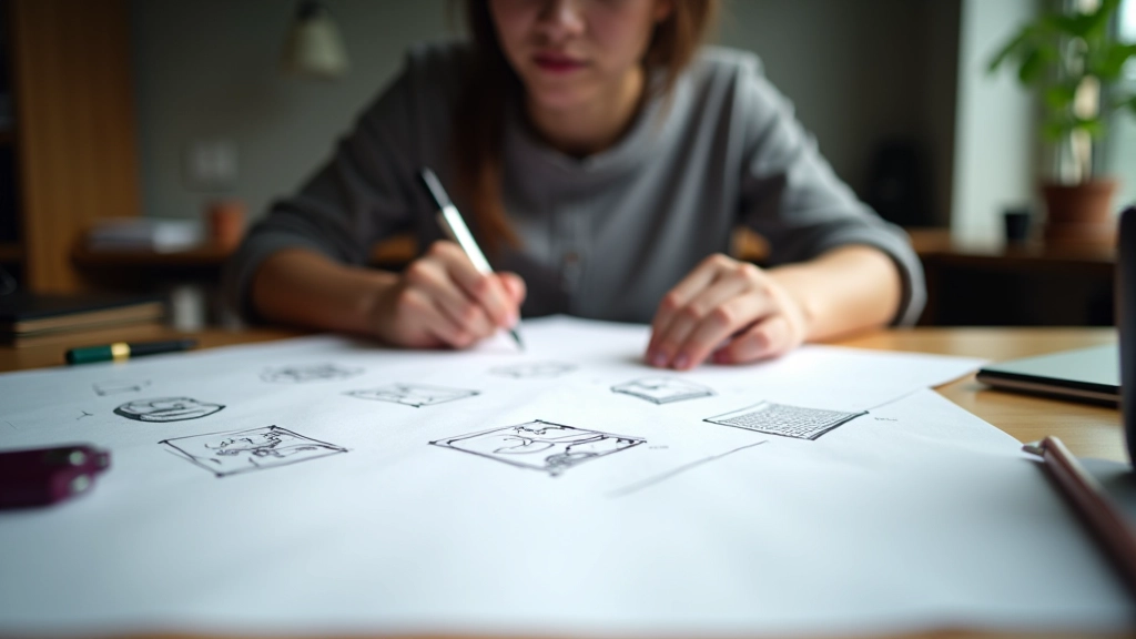 Innovator sketching design ideas with multiple prototype sketches on desk surface