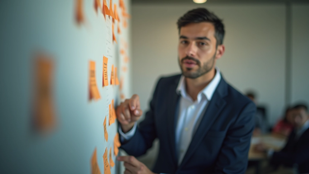 Manager leading team workshop session with brainstorming ideas on colorful sticky notes