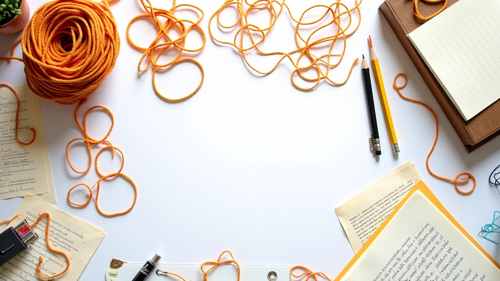 Overhead view of workspace showing tangled lines and circular patterns representing stuck thinking, with problem-solving notes scattered around