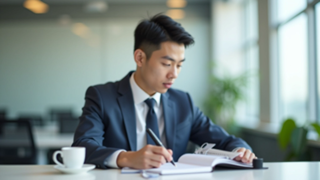Person writing in notebook at desk with coffee, showing active brainstorming and note-taking during problem-solving work