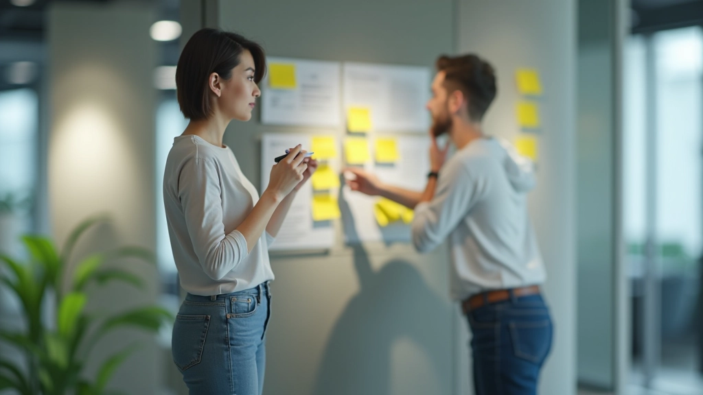 Person writing ideas on sticky notes arranged on wall in organized pattern