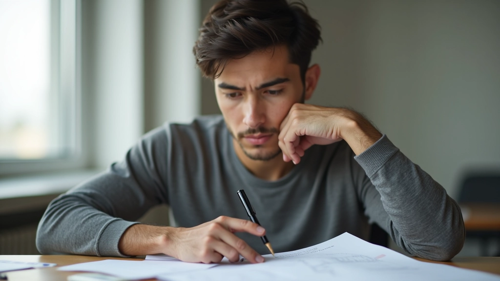 Person sitting at desk with hand on chin in thoughtful pose, surrounded by scattered papers and problem-solving materials