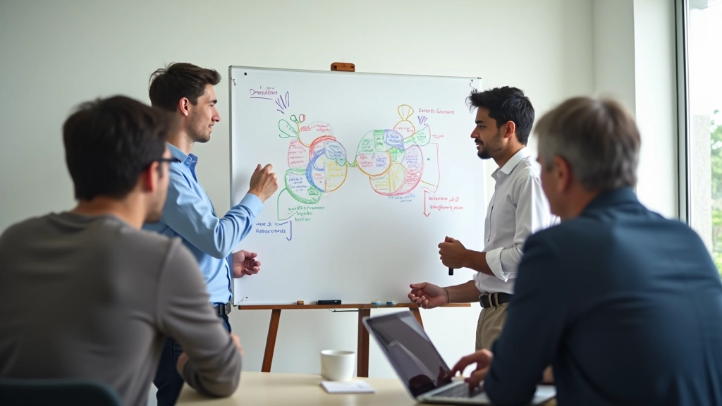 Team gathered around whiteboard with colorful markers and idea sketches displayed