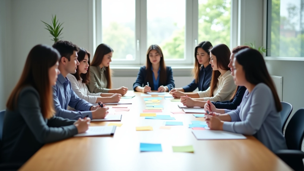 Team brainstorming session with sticky notes and creative thinking exercises